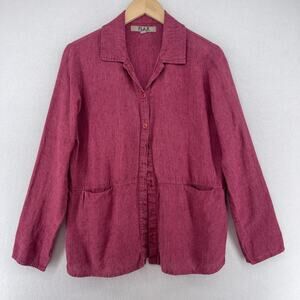 FLAX Top S 100% Linen Shirt Jacket Button Up Long Sleeve Shacket Utility Pink